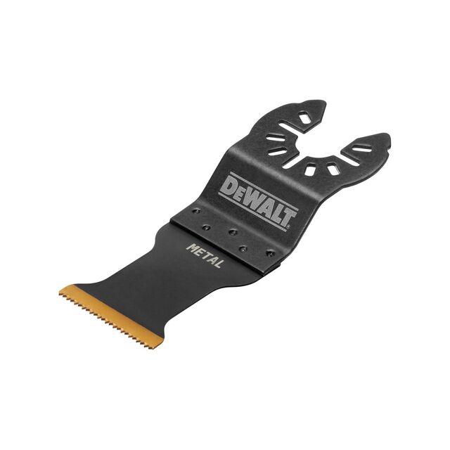 Svart sågbordel med orange tandrad och texten DEWALT och METAL.