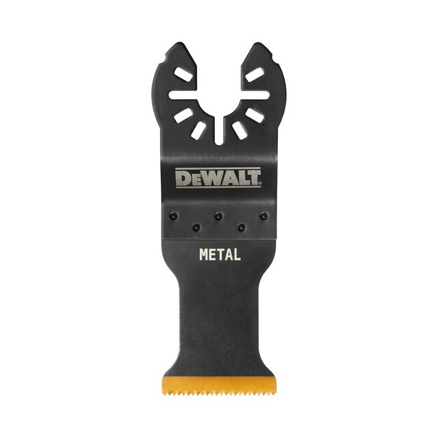Oscillerande sågblad med tandad kant och texten DEWALT och METAL tryckt på bladet.