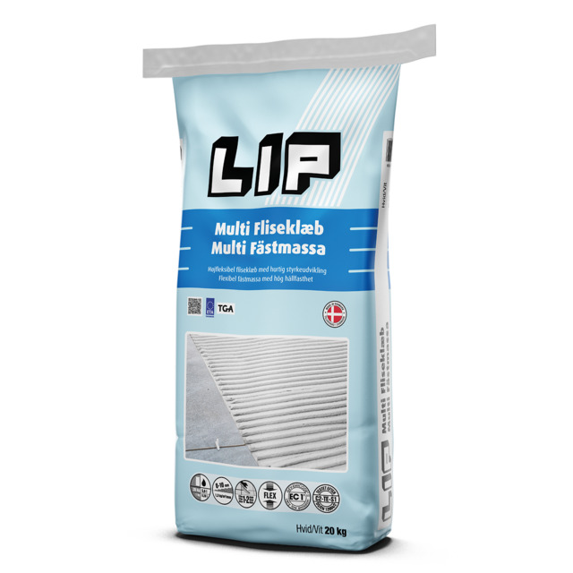 Förpackning för LIP Multi fästmassa, vit 20 kg, med produkt- och kvalitetsmärkningar.