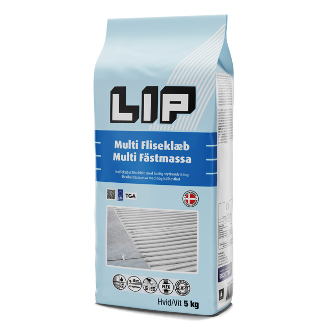 Förpackning med LIP Multi Fliseklæb/Fästmassa, 5 kg, med vit och blå design och text på flera språk.