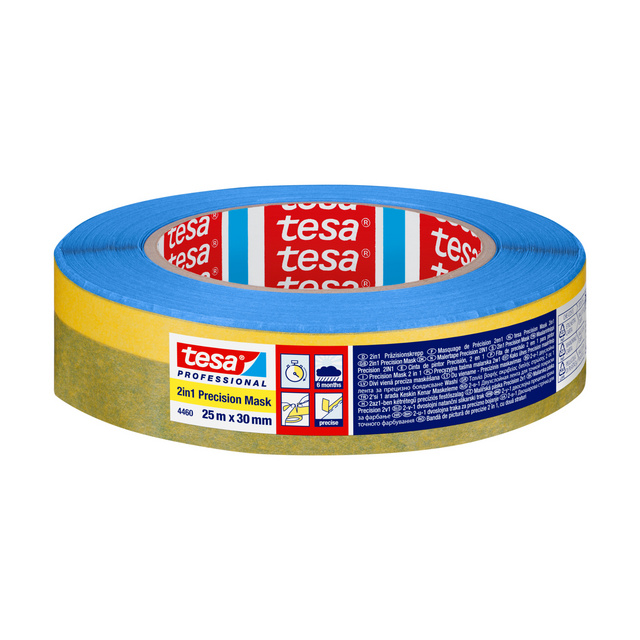 Blå och gul rulle maskeringstejp med texten tesa professional 2in1 Precision Mask.