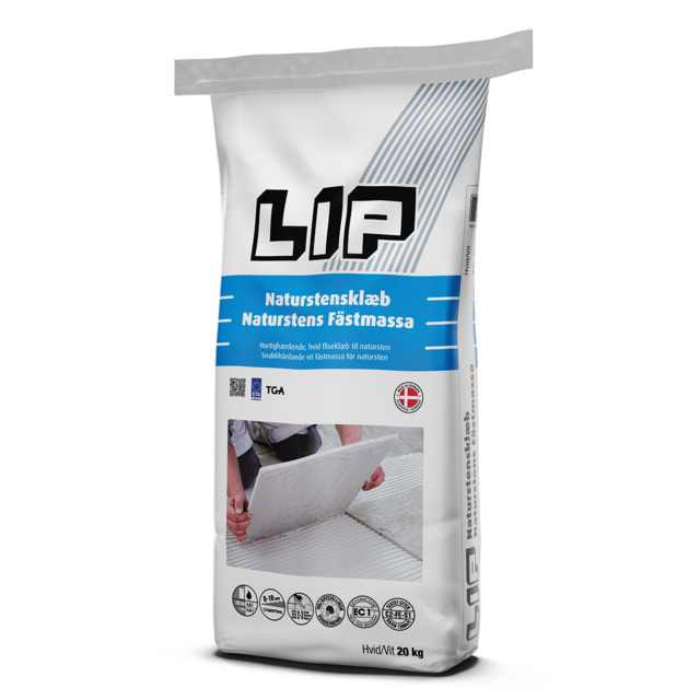 Förpackning av LIP fästmassa för natursten, 20 kg, med text och bild på en person som arbetar med kakel.