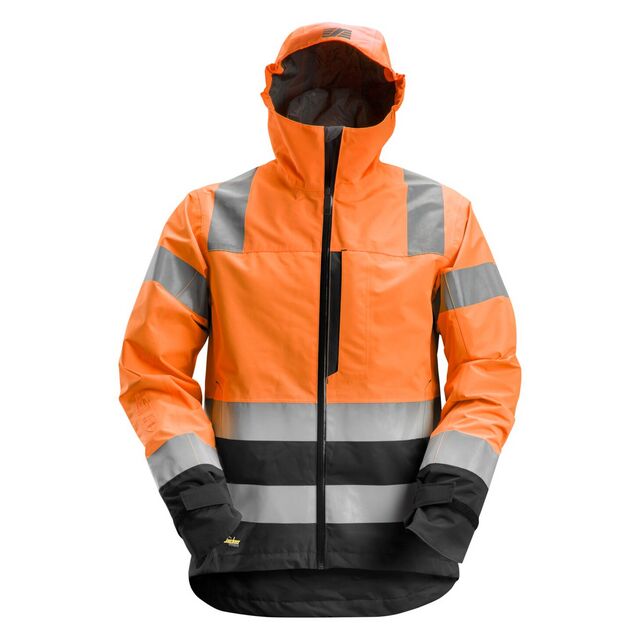 Orange jacka med grå och svarta reflekterande ränder och svarta ärmslut, hög krage och huva.