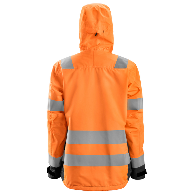 Orange jacka med huva, grå reflexband runt ärmar, midja och axlar.