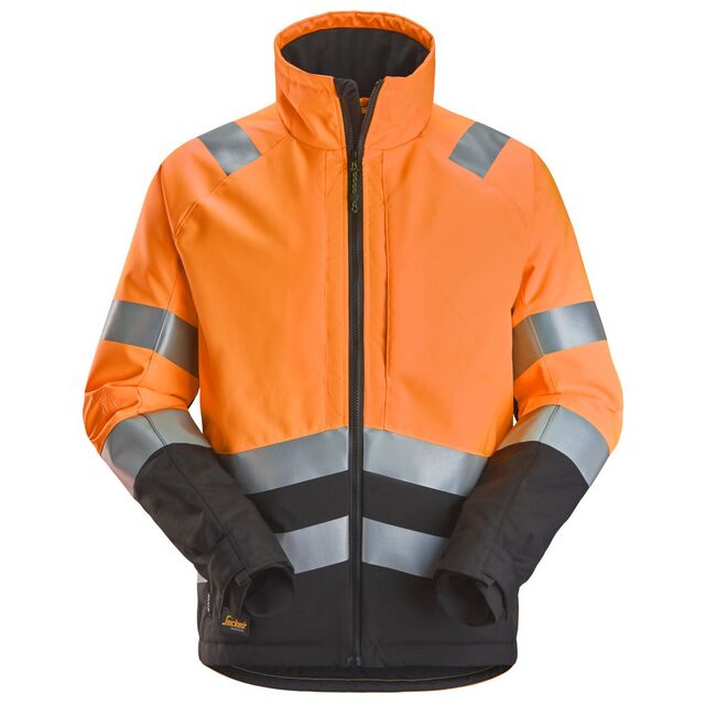 Orange och svart vinterjacka med reflexband på ärmar, axlar och bröst, samt dragkedja framtill.
