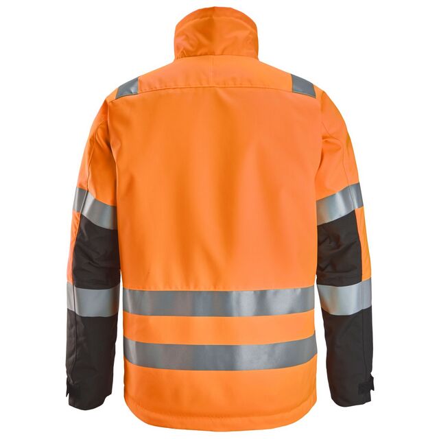 Orange jacka med reflexband på axlar, midja och armar, sett bakifrån.