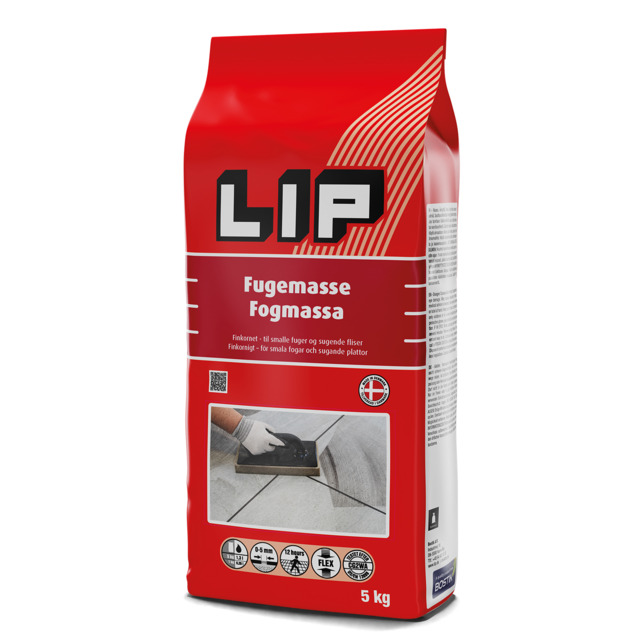 Röd påse med texten LIP och Fugemasse Fogmassa. Bild av någon som applicerar fogmassa på kakel.