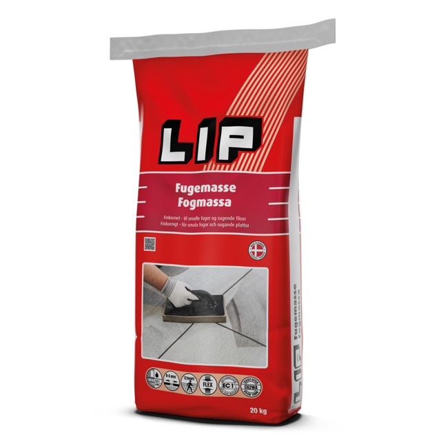 Röd förpackning av fogmassa från märket LIP, med text på olika språk och bild av fogning av kakelplattor.